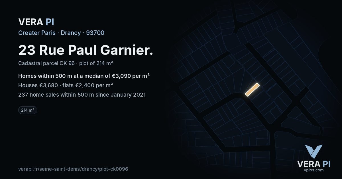 23 Rue Paul Garnier, Drancy at night – the plot lit, the parcels around coloured by the prices near them