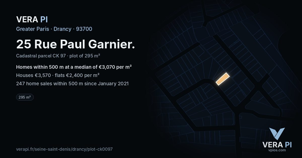 25 Rue Paul Garnier, Drancy at night – the plot lit, the parcels around coloured by the prices near them