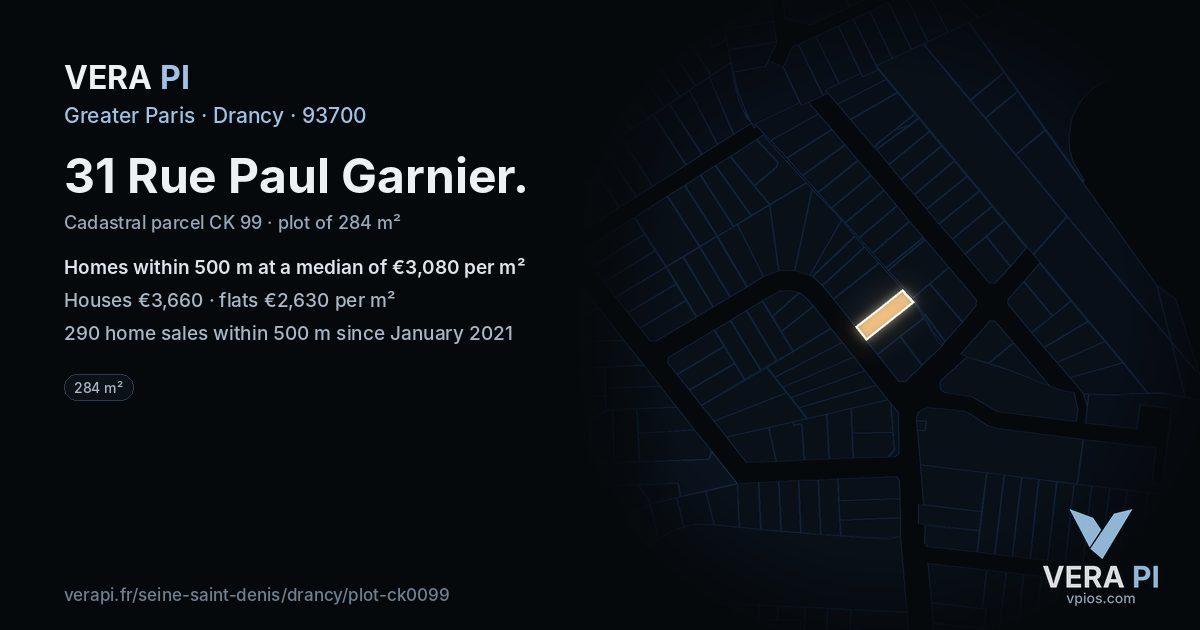 31 Rue Paul Garnier, Drancy at night – the plot lit, the parcels around coloured by the prices near them