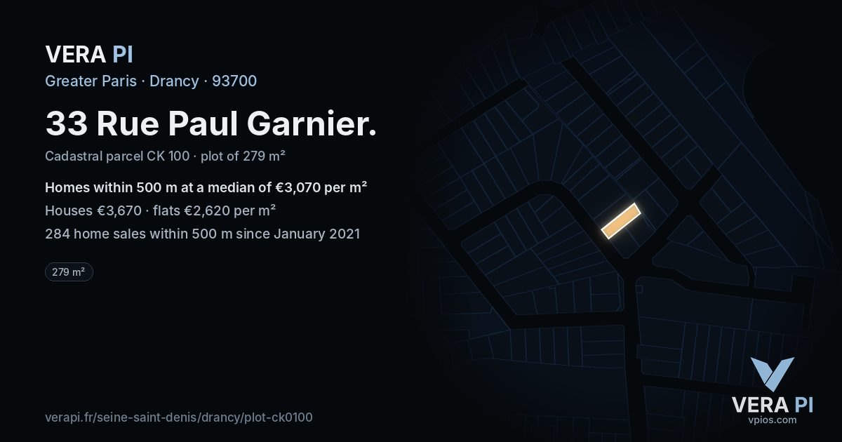 33 Rue Paul Garnier, Drancy at night – the plot lit, the parcels around coloured by the prices near them
