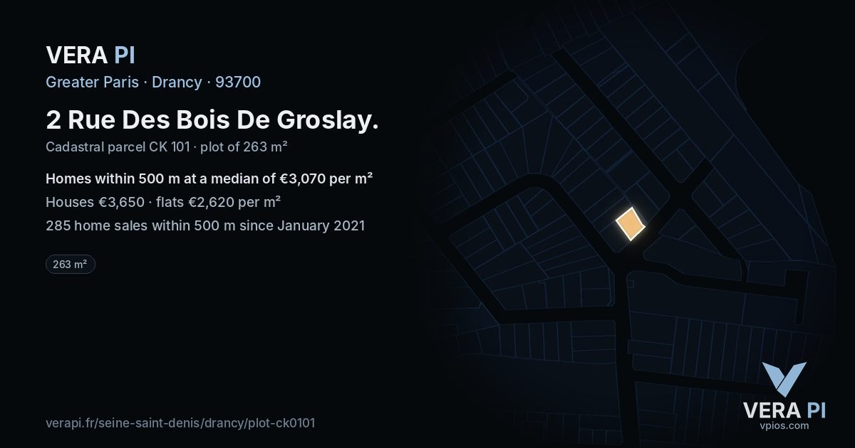 2 Rue Des Bois De Groslay, Drancy at night – the plot lit, the parcels around coloured by the prices near them