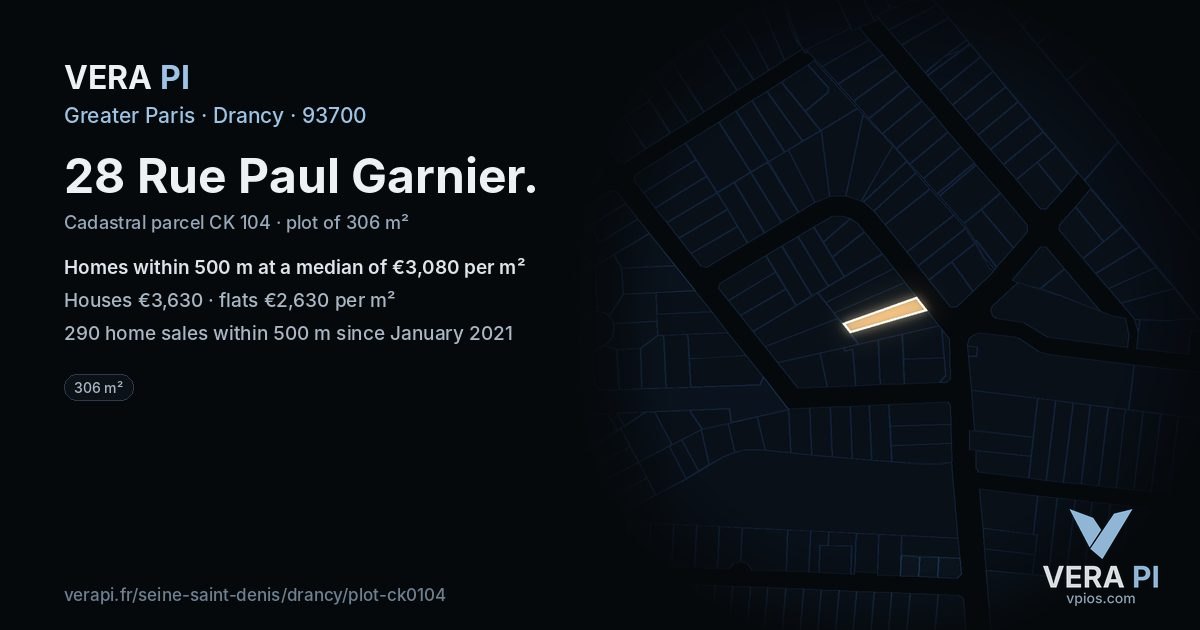 28 Rue Paul Garnier, Drancy at night – the plot lit, the parcels around coloured by the prices near them