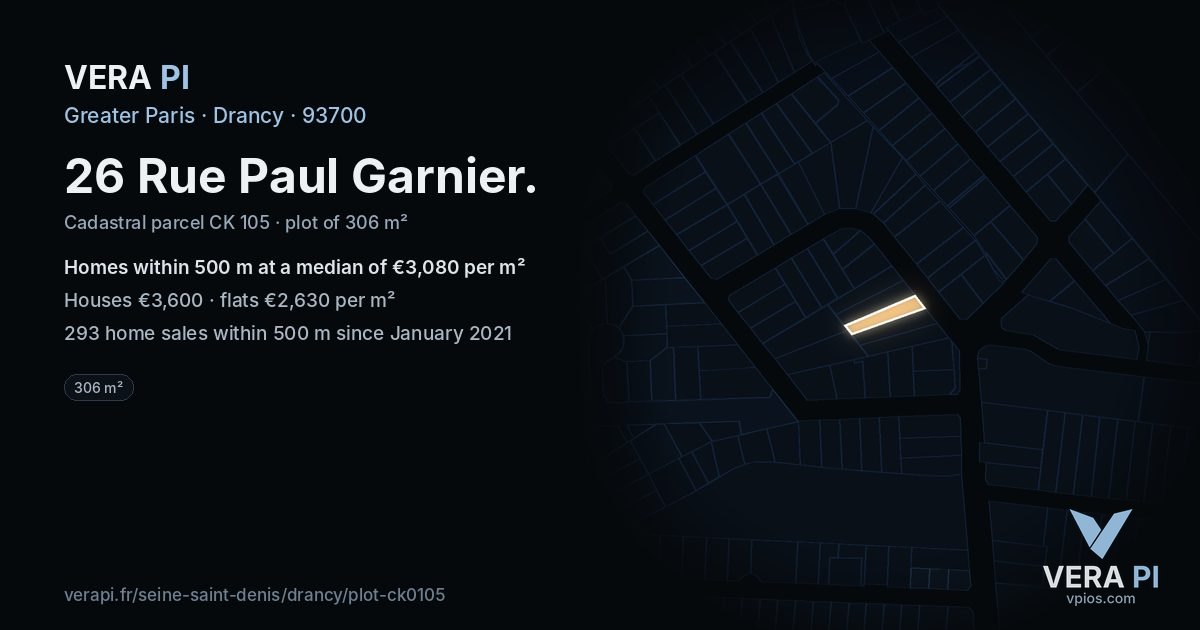 26 Rue Paul Garnier, Drancy at night – the plot lit, the parcels around coloured by the prices near them