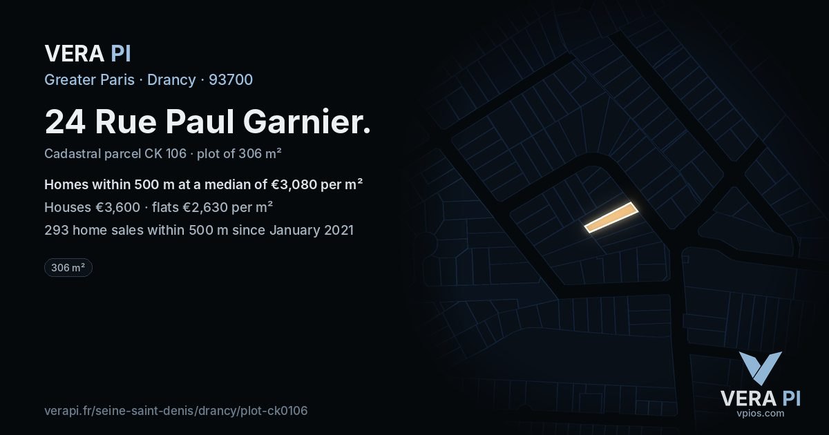 24 Rue Paul Garnier, Drancy at night – the plot lit, the parcels around coloured by the prices near them