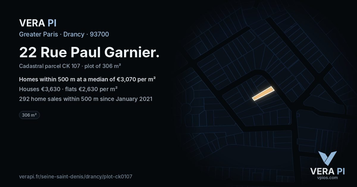 22 Rue Paul Garnier, Drancy at night – the plot lit, the parcels around coloured by the prices near them