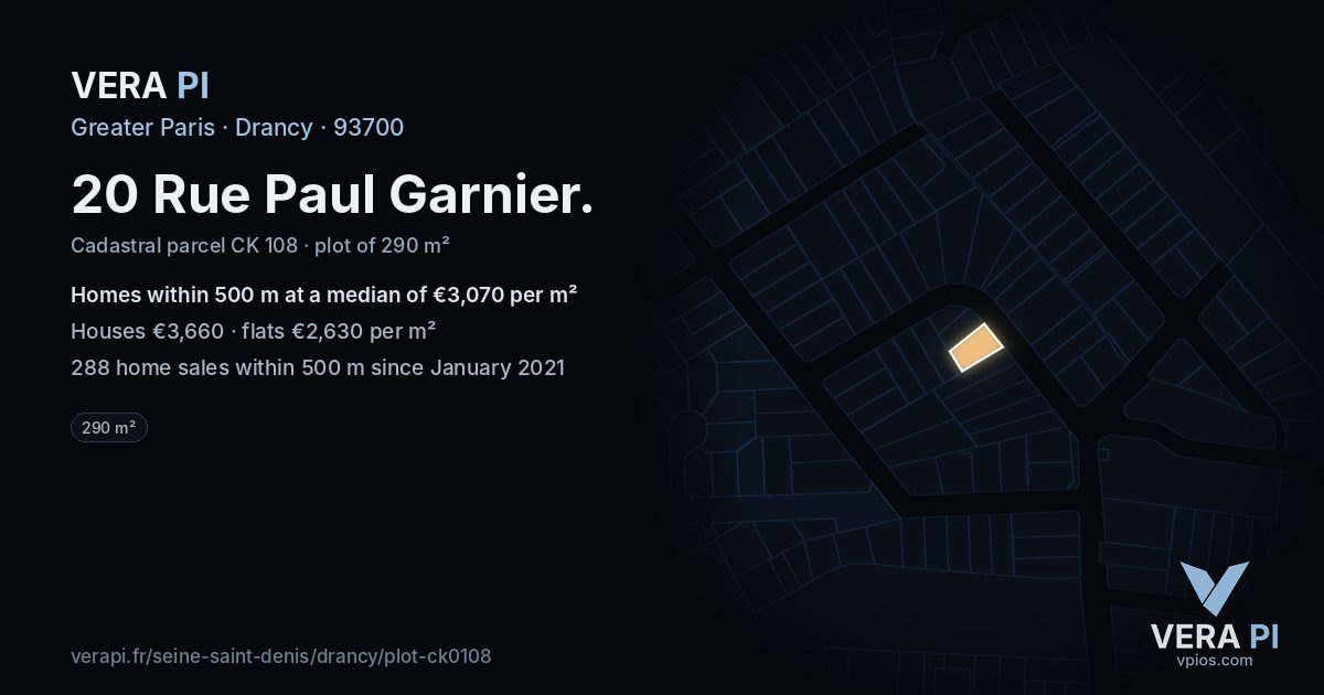 20 Rue Paul Garnier, Drancy at night – the plot lit, the parcels around coloured by the prices near them