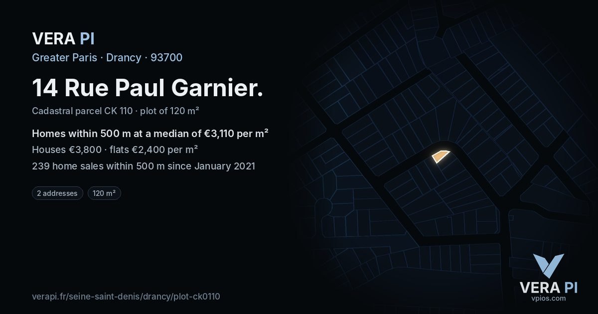 14 Rue Paul Garnier, Drancy at night – the plot lit, the parcels around coloured by the prices near them