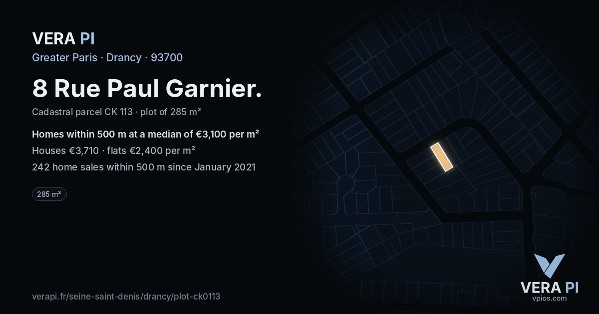 8 Rue Paul Garnier, Drancy at night – the plot lit, the parcels around coloured by the prices near them