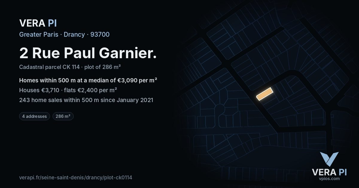 2 Rue Paul Garnier, Drancy at night – the plot lit, the parcels around coloured by the prices near them