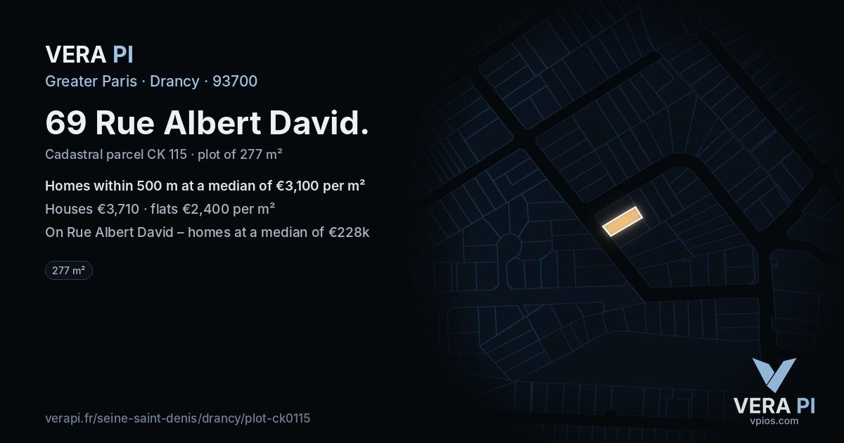 69 Rue Albert David, Drancy at night – the plot lit, the parcels around coloured by the prices near them
