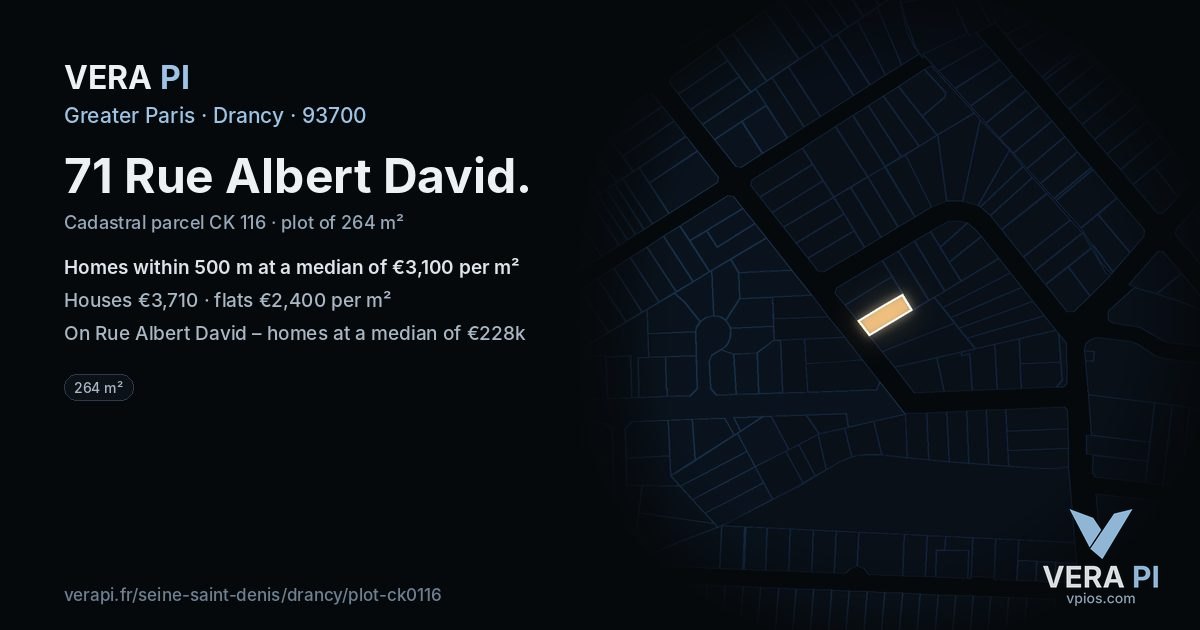 71 Rue Albert David, Drancy at night – the plot lit, the parcels around coloured by the prices near them