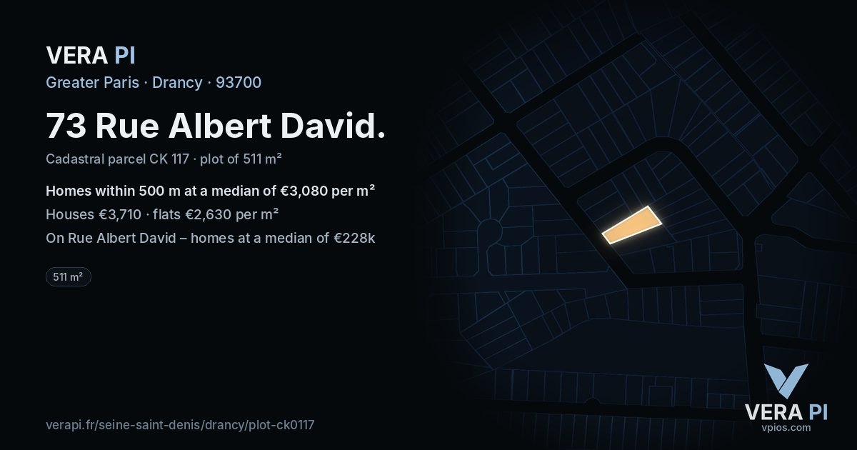 73 Rue Albert David, Drancy at night – the plot lit, the parcels around coloured by the prices near them