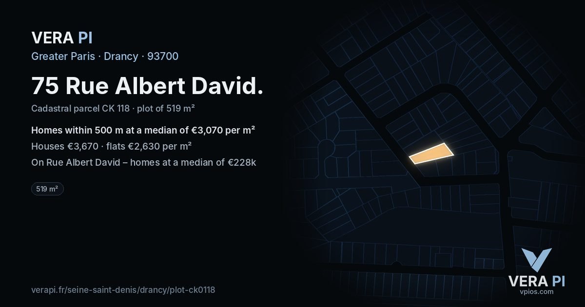 75 Rue Albert David, Drancy at night – the plot lit, the parcels around coloured by the prices near them