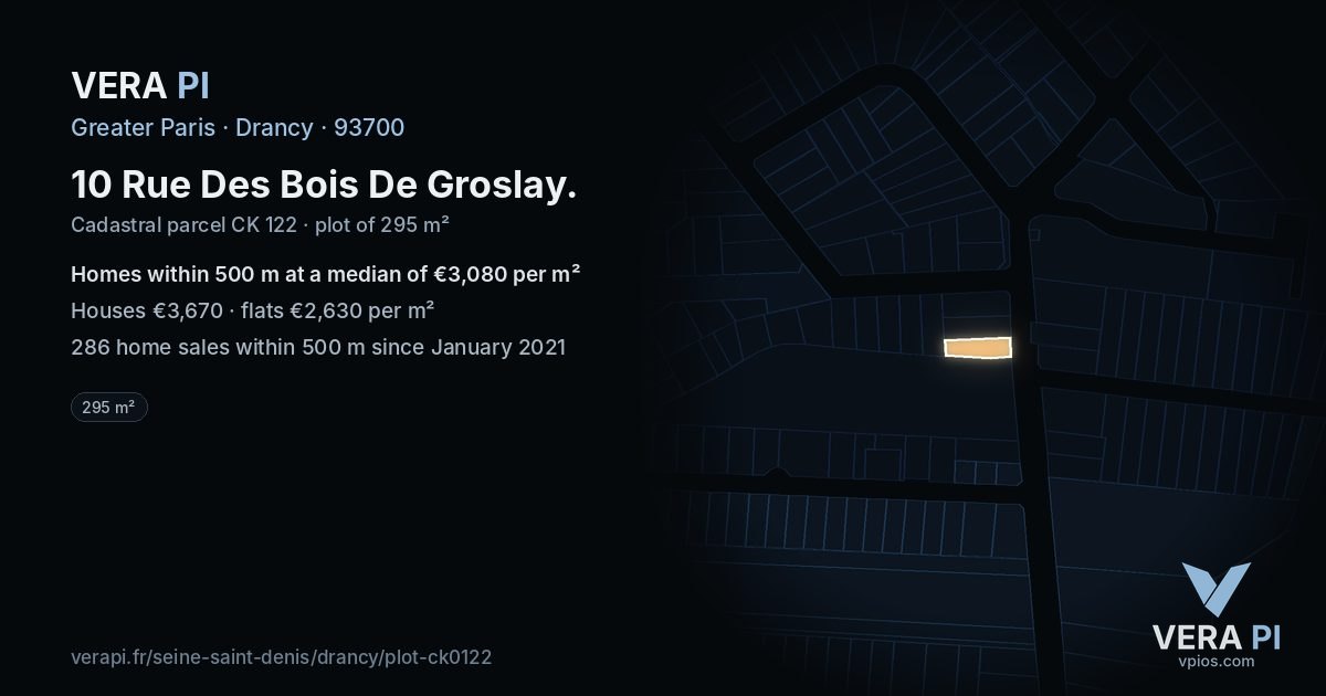 10 Rue Des Bois De Groslay, Drancy at night – the plot lit, the parcels around coloured by the prices near them