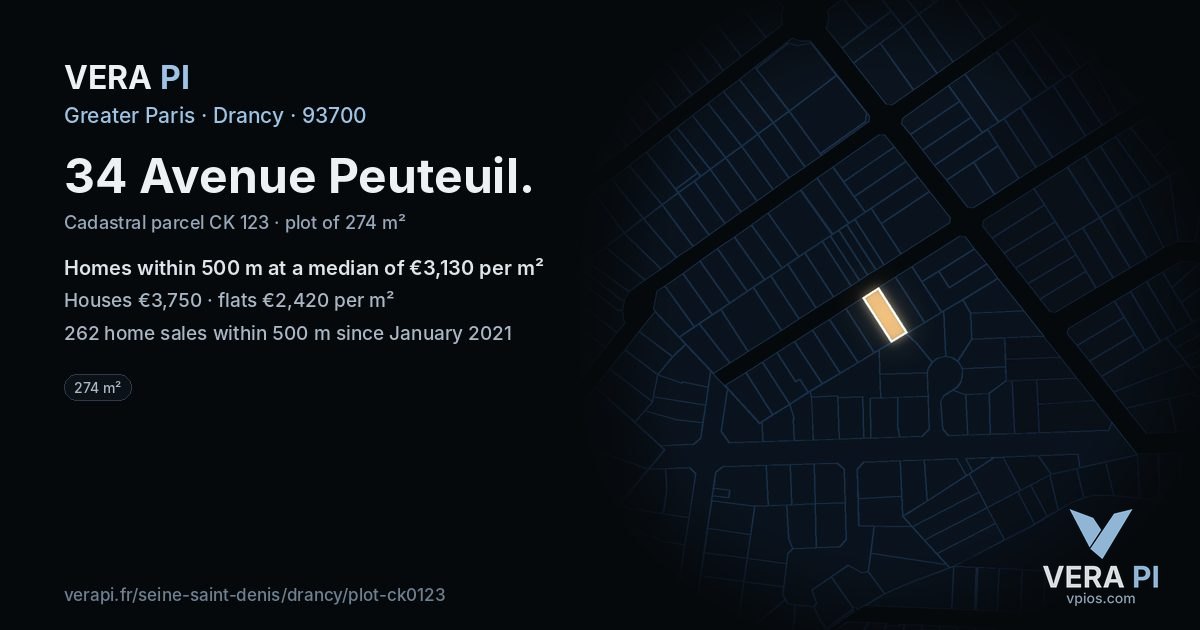 34 Avenue Peuteuil, Drancy at night – the plot lit, the parcels around coloured by the prices near them
