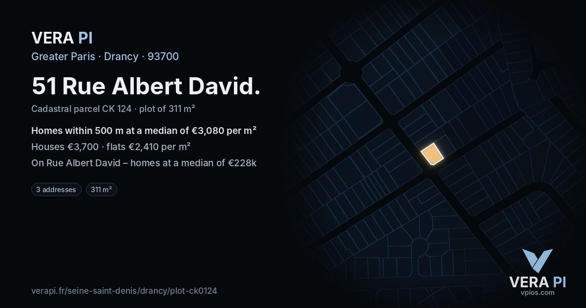 51 Rue Albert David, Drancy at night – the plot lit, the parcels around coloured by the prices near them