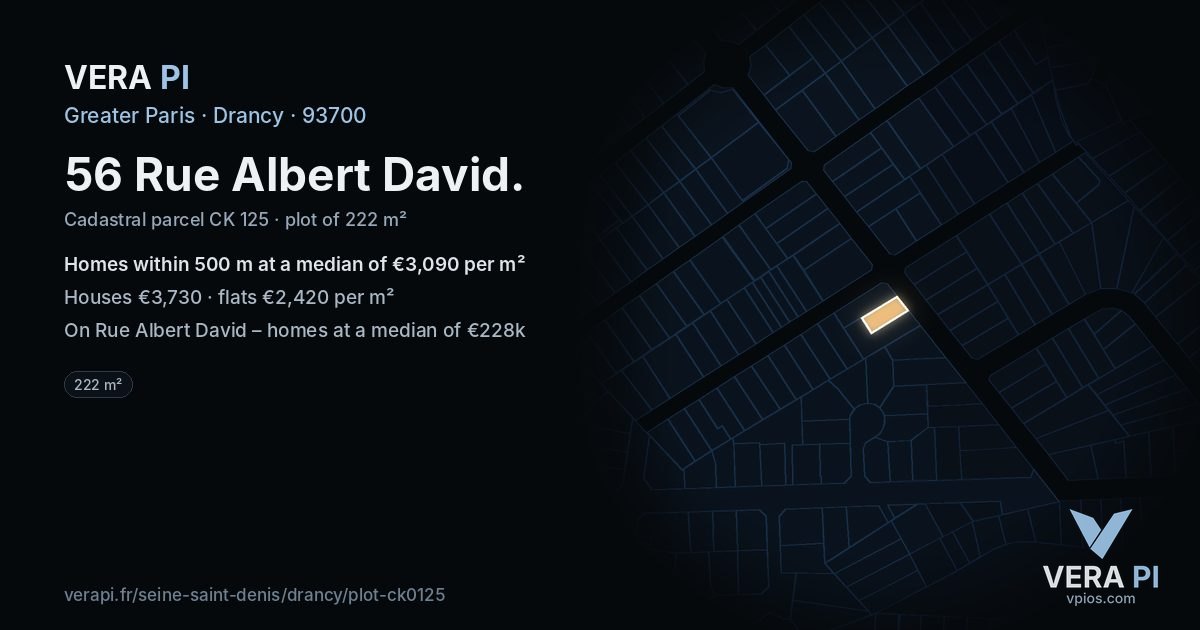 56 Rue Albert David, Drancy at night – the plot lit, the parcels around coloured by the prices near them