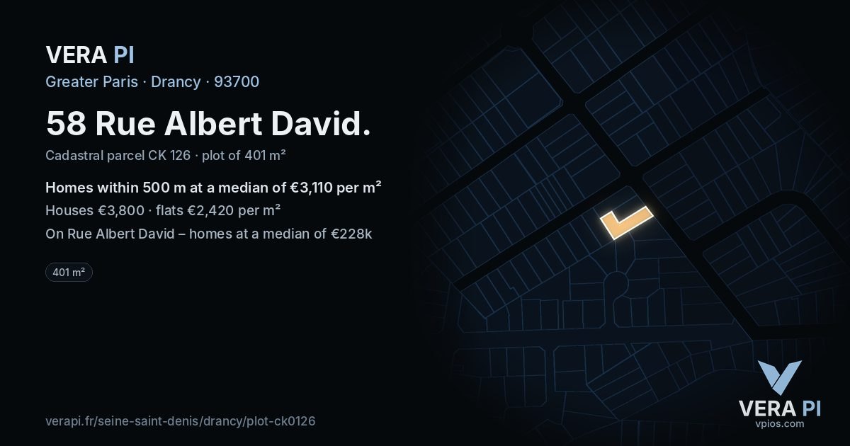 58 Rue Albert David, Drancy at night – the plot lit, the parcels around coloured by the prices near them