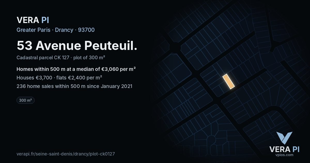 53 Avenue Peuteuil, Drancy at night – the plot lit, the parcels around coloured by the prices near them
