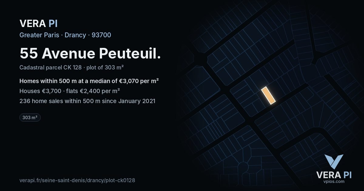 55 Avenue Peuteuil, Drancy at night – the plot lit, the parcels around coloured by the prices near them