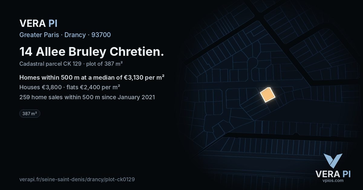 14 Allee Bruley Chretien, Drancy at night – the plot lit, the parcels around coloured by the prices near them