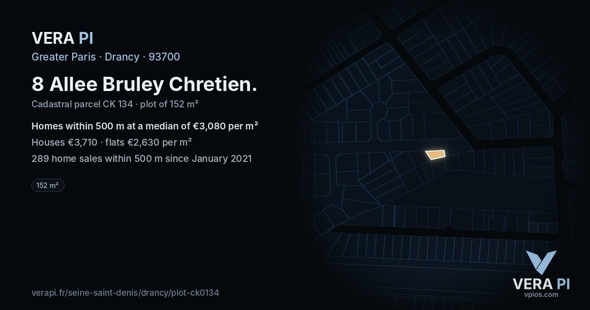8 Allee Bruley Chretien, Drancy at night – the plot lit, the parcels around coloured by the prices near them