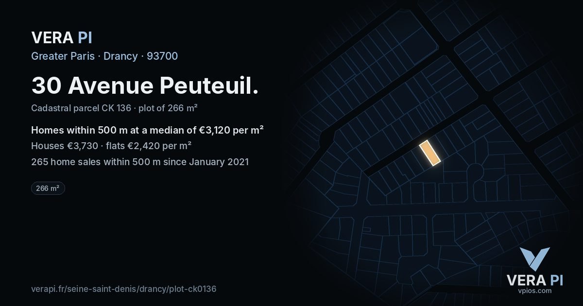 30 Avenue Peuteuil, Drancy at night – the plot lit, the parcels around coloured by the prices near them