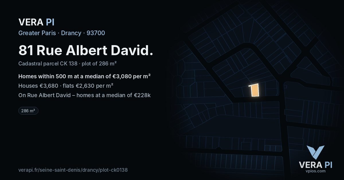 81 Rue Albert David, Drancy at night – the plot lit, the parcels around coloured by the prices near them