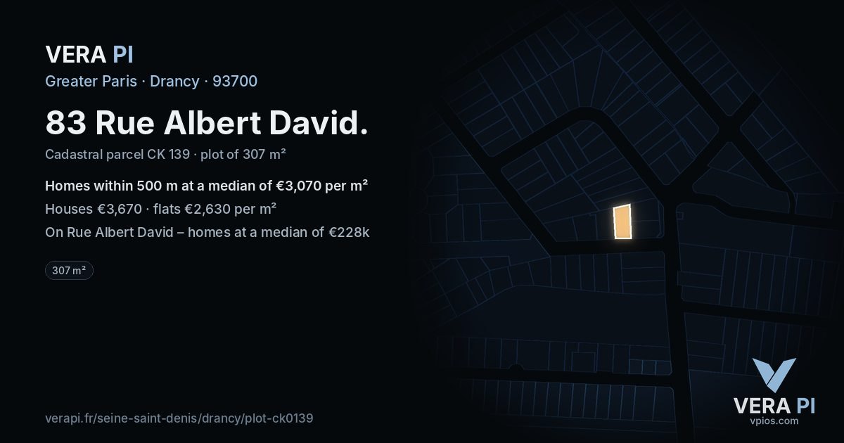 83 Rue Albert David, Drancy at night – the plot lit, the parcels around coloured by the prices near them