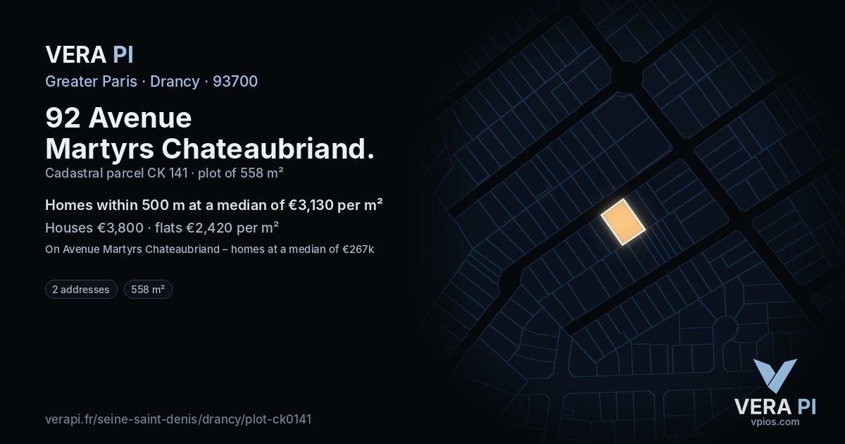 92 Avenue Martyrs Chateaubriand, Drancy at night – the plot lit, the parcels around coloured by the prices near them