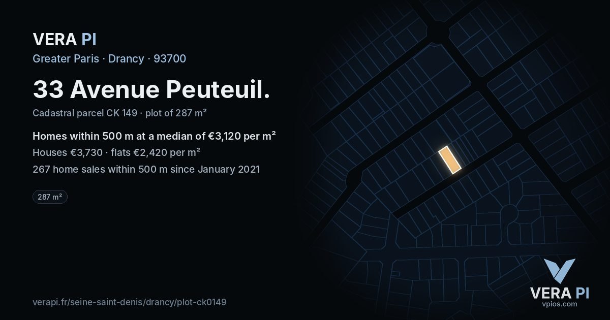 33 Avenue Peuteuil, Drancy at night – the plot lit, the parcels around coloured by the prices near them