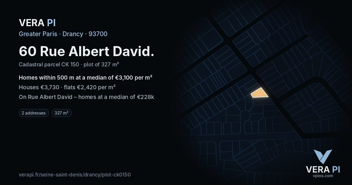 60 Rue Albert David, Drancy at night – the plot lit, the parcels around coloured by the prices near them