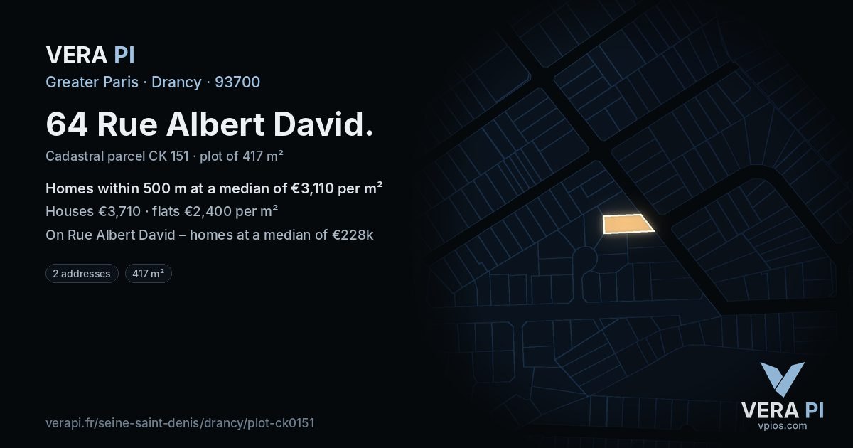 64 Rue Albert David, Drancy at night – the plot lit, the parcels around coloured by the prices near them