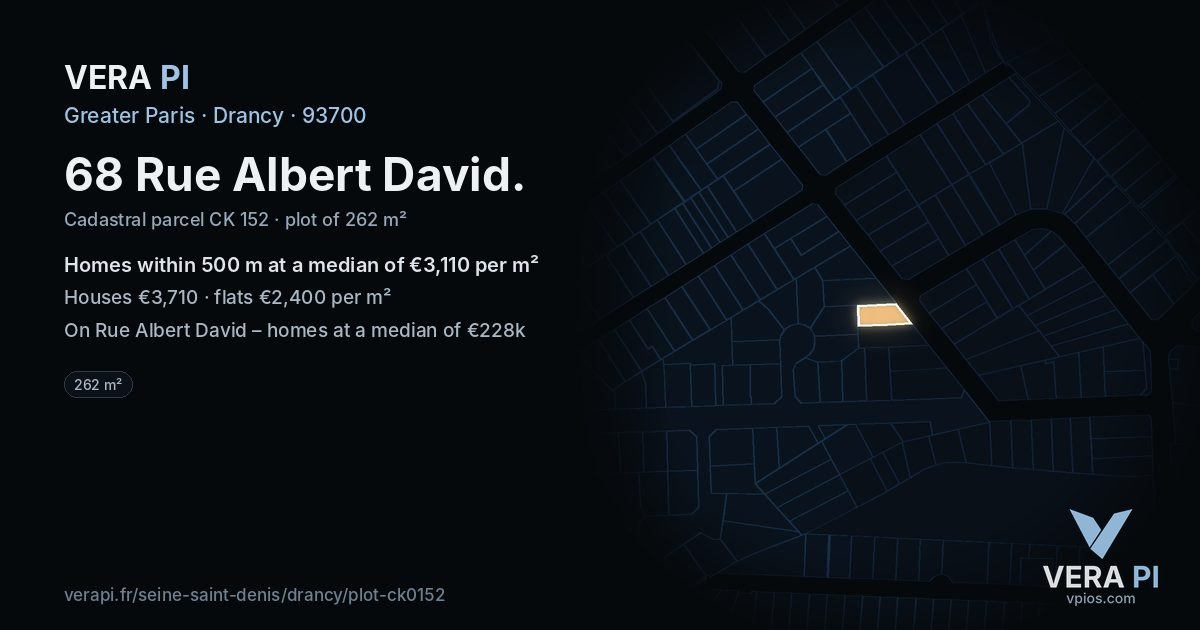 68 Rue Albert David, Drancy at night – the plot lit, the parcels around coloured by the prices near them