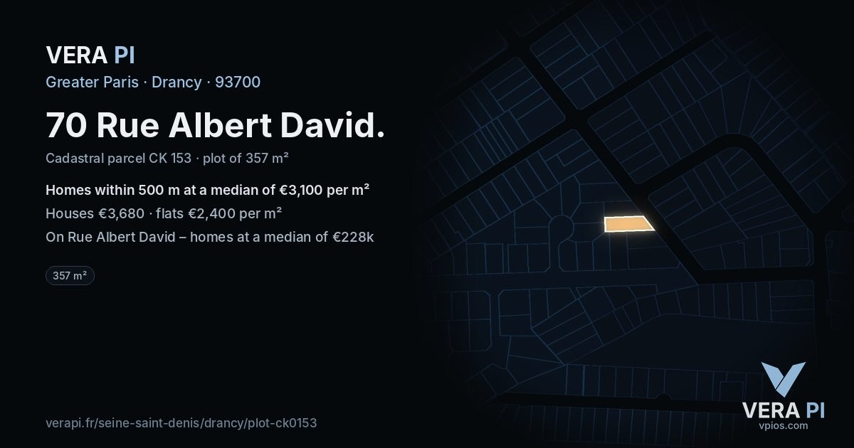 70 Rue Albert David, Drancy at night – the plot lit, the parcels around coloured by the prices near them