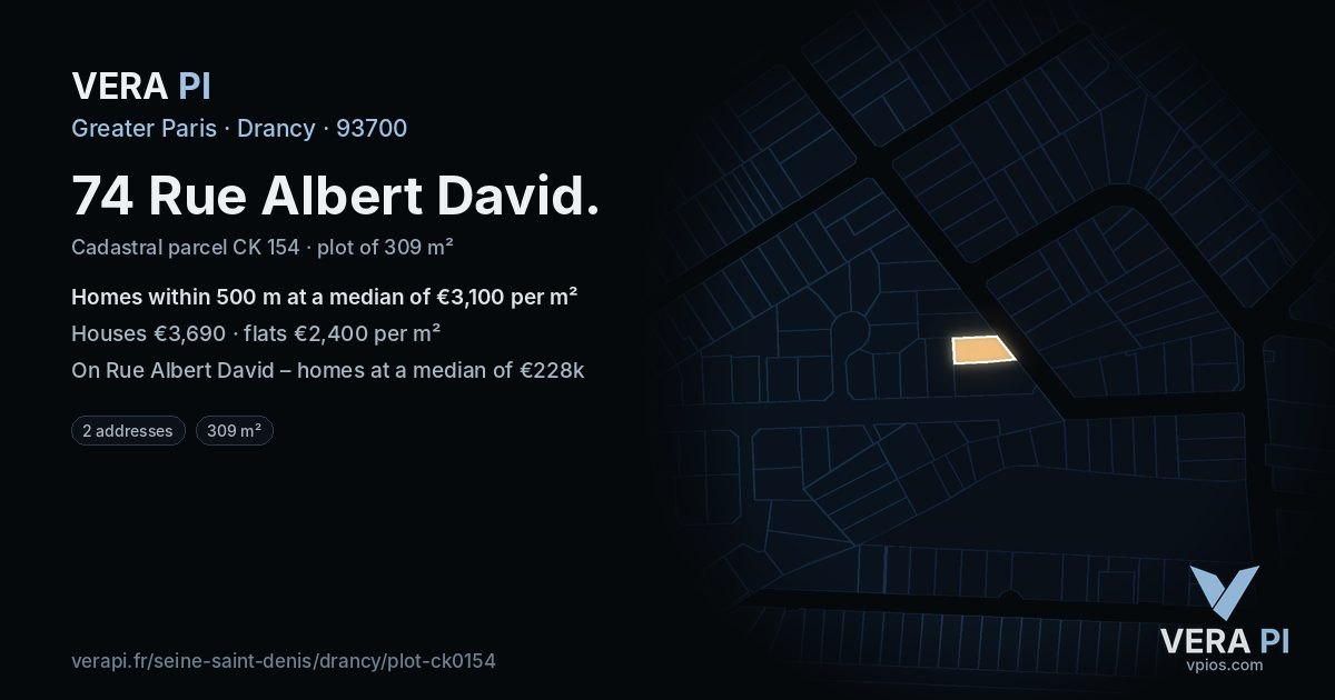 74 Rue Albert David, Drancy at night – the plot lit, the parcels around coloured by the prices near them