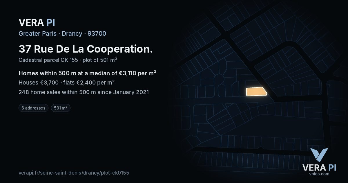 37 Rue De La Cooperation, Drancy at night – the plot lit, the parcels around coloured by the prices near them