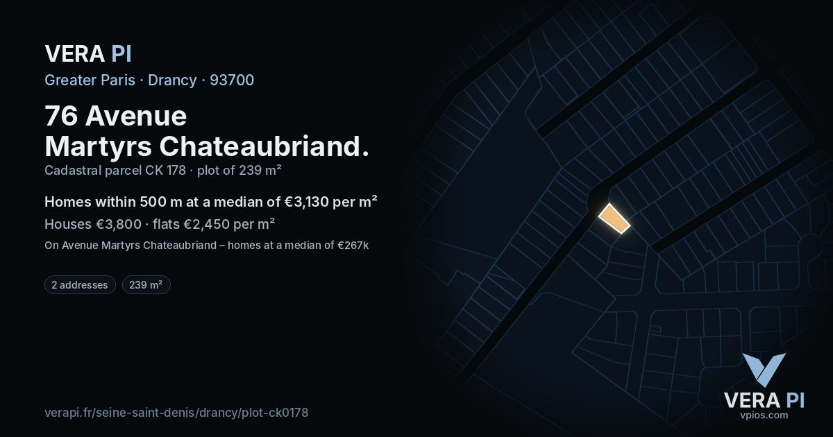 76 Avenue Martyrs Chateaubriand, Drancy at night – the plot lit, the parcels around coloured by the prices near them