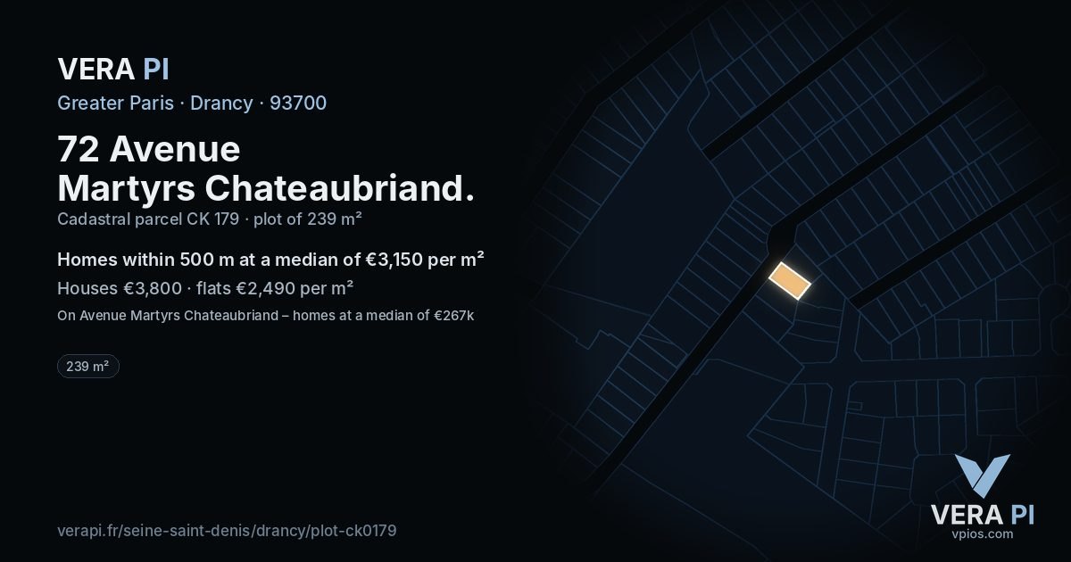 72 Avenue Martyrs Chateaubriand, Drancy at night – the plot lit, the parcels around coloured by the prices near them