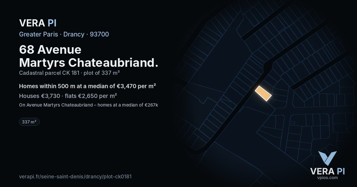 68 Avenue Martyrs Chateaubriand, Drancy at night – the plot lit, the parcels around coloured by the prices near them