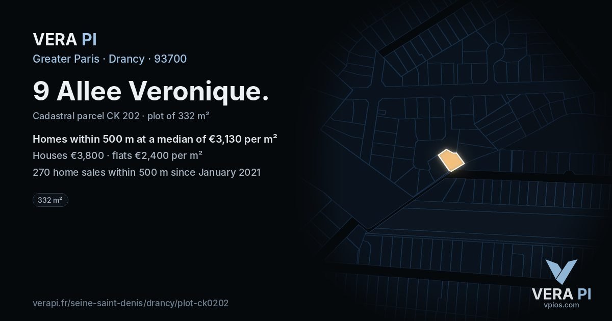 9 Allee Veronique, Drancy at night – the plot lit, the parcels around coloured by the prices near them