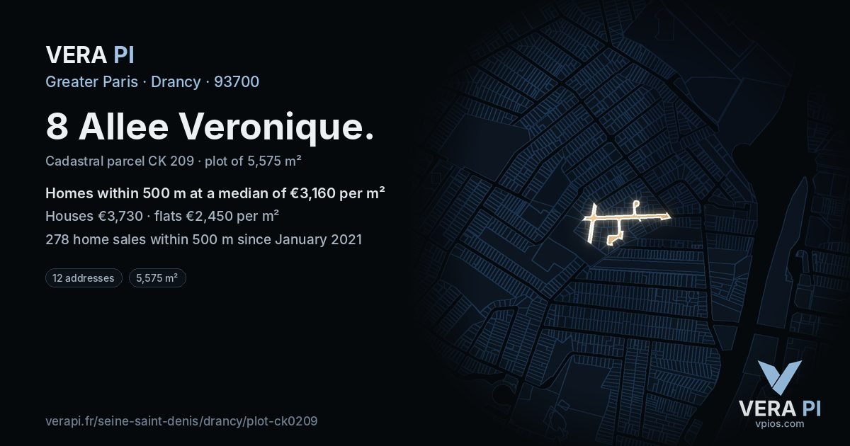8 Allee Veronique, Drancy at night – the plot lit, the parcels around coloured by the prices near them