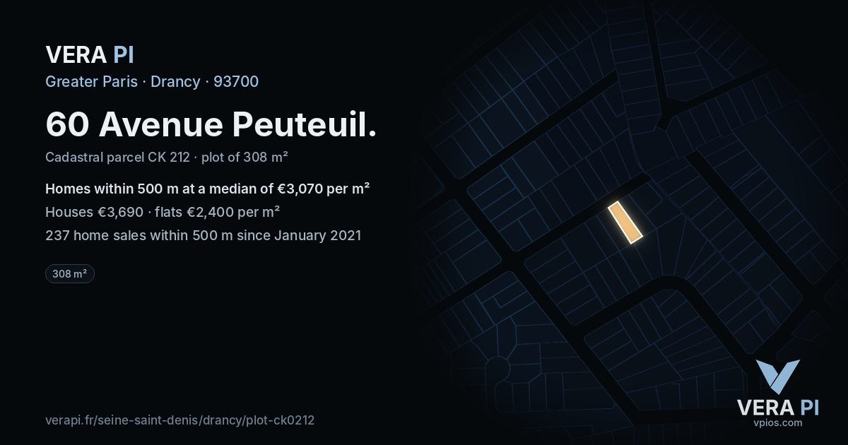 60 Avenue Peuteuil, Drancy at night – the plot lit, the parcels around coloured by the prices near them