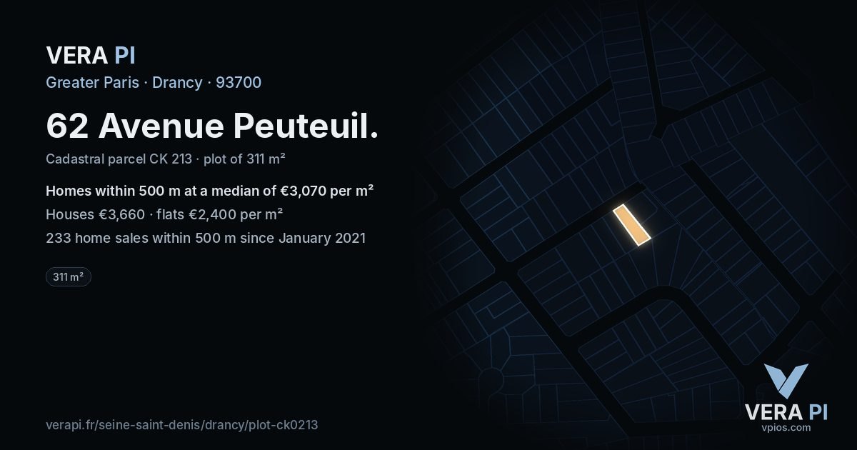 62 Avenue Peuteuil, Drancy at night – the plot lit, the parcels around coloured by the prices near them