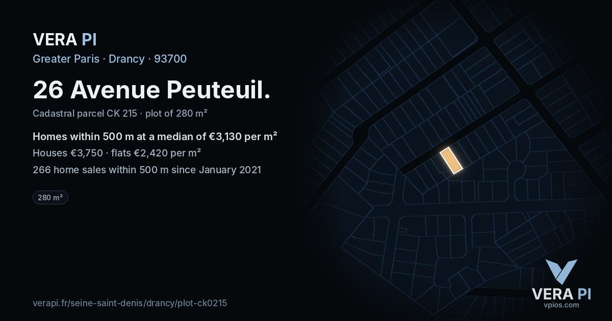 26 Avenue Peuteuil, Drancy at night – the plot lit, the parcels around coloured by the prices near them