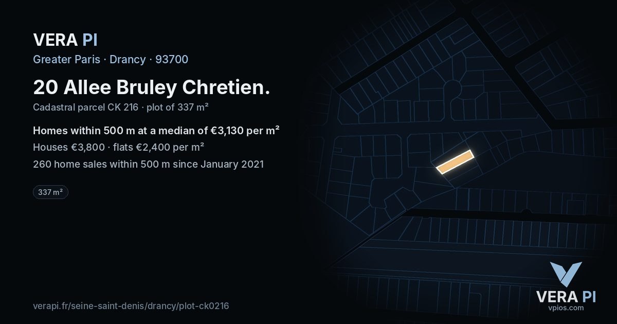 20 Allee Bruley Chretien, Drancy at night – the plot lit, the parcels around coloured by the prices near them