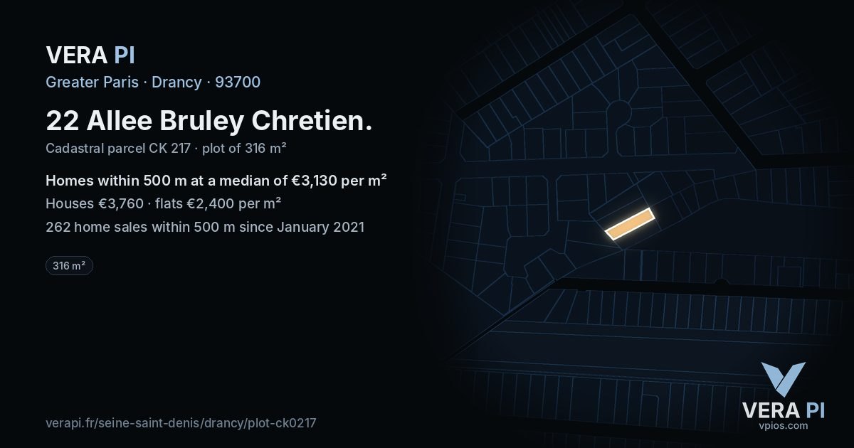 22 Allee Bruley Chretien, Drancy at night – the plot lit, the parcels around coloured by the prices near them