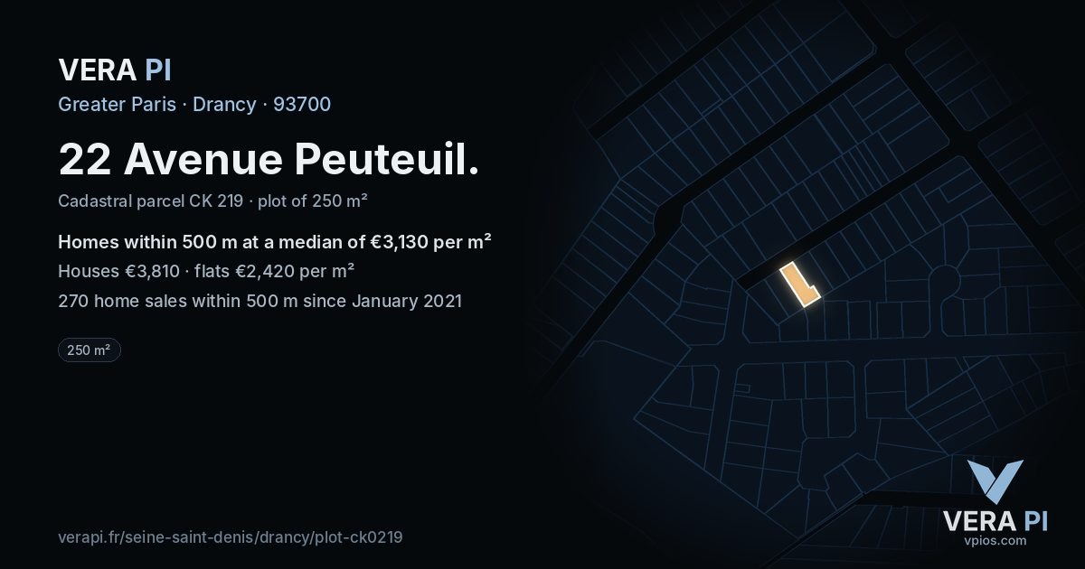 22 Avenue Peuteuil, Drancy at night – the plot lit, the parcels around coloured by the prices near them