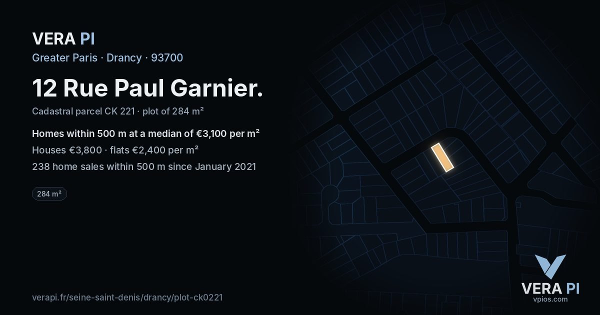 12 Rue Paul Garnier, Drancy at night – the plot lit, the parcels around coloured by the prices near them