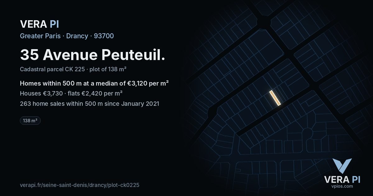 35 Avenue Peuteuil, Drancy at night – the plot lit, the parcels around coloured by the prices near them